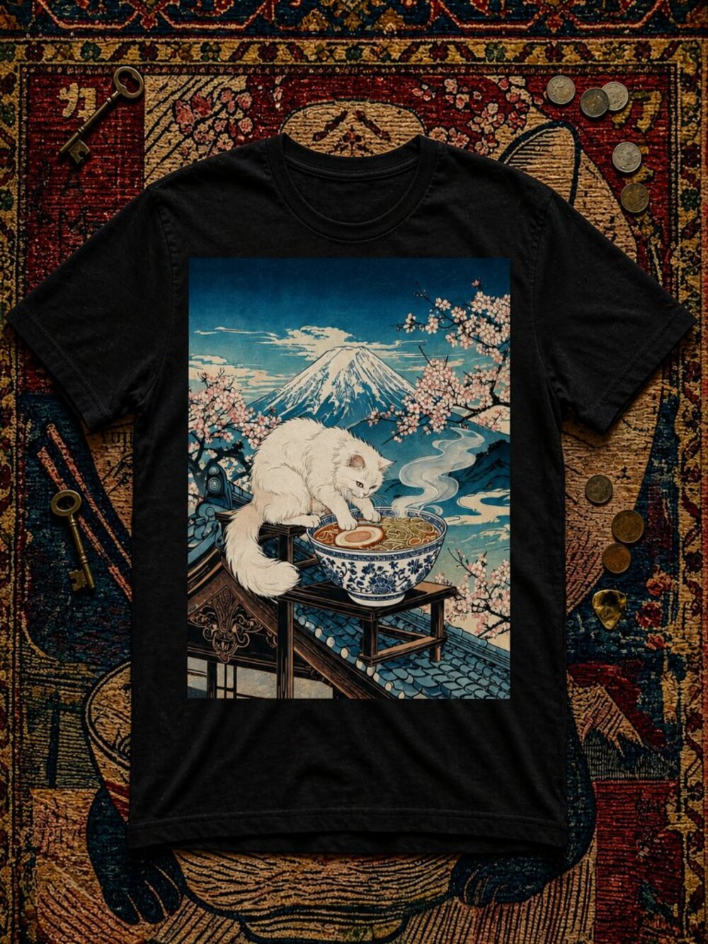 Japanese Anime Cat Ramen Graphic Shirt Vintage Y2K Aesthetic Cotton Tee